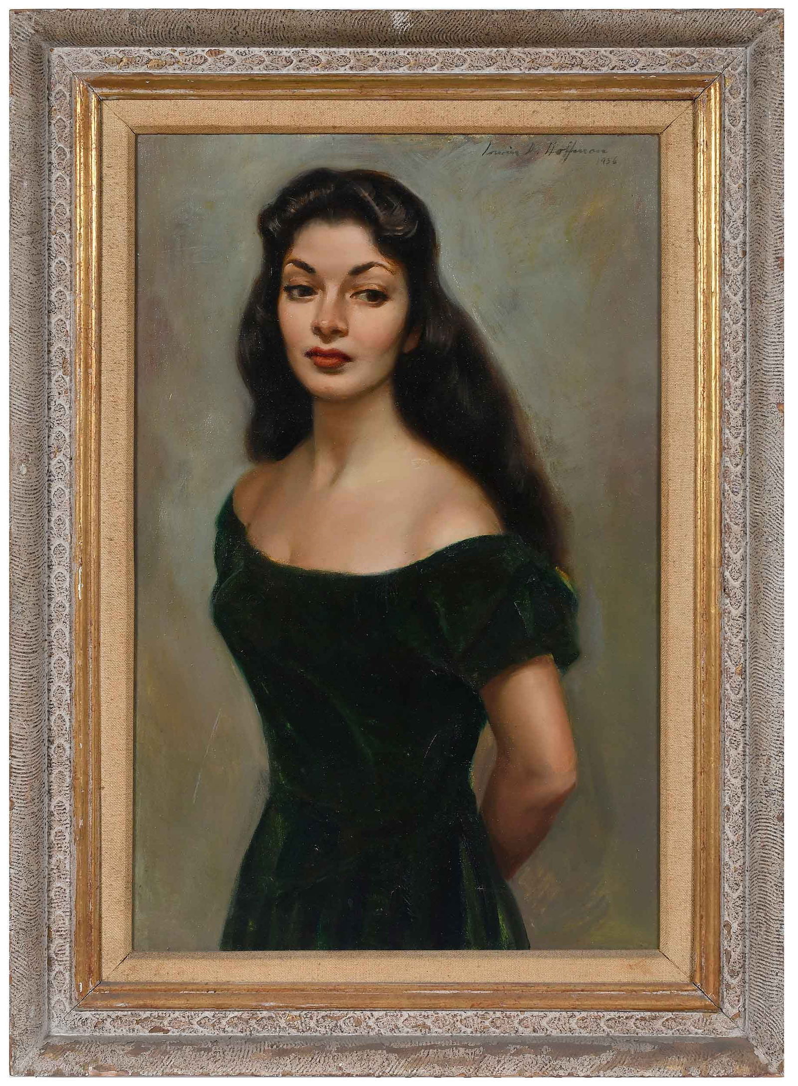 Irwin D. Hoffman: (American, 1901-1989) Portrait of a Lady, 1956, signed and dated upper right "Irwin D. Hoffman 1956", oil on canvas, 28 x 18 in.; carved wood frame, 35-1/2 x 25-1/2 in. Provenance: The Tatti Family Co