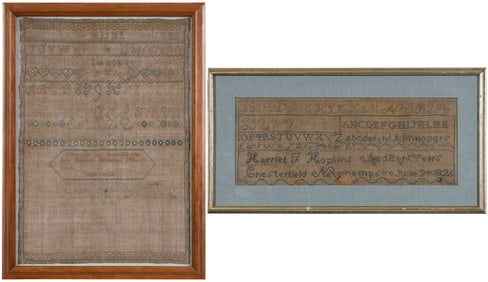 Two Framed American Schoolgirl Needlework Samplers