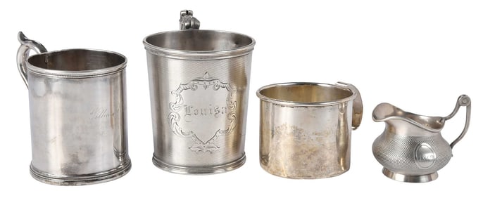 Four Silver Mugs and Creamer
