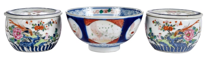 Two Chinese Lidded Enameled Porcelain Potpourris, with Japanese Imari Porcelain Bowl