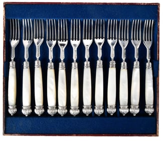 English Silver Pearl Handled Fruit Set, 24 Pieces