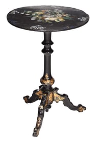 Victorian Mother of Pearl Inlaid, Polychromed, Gilt, and Ebonized Tilt Top Table