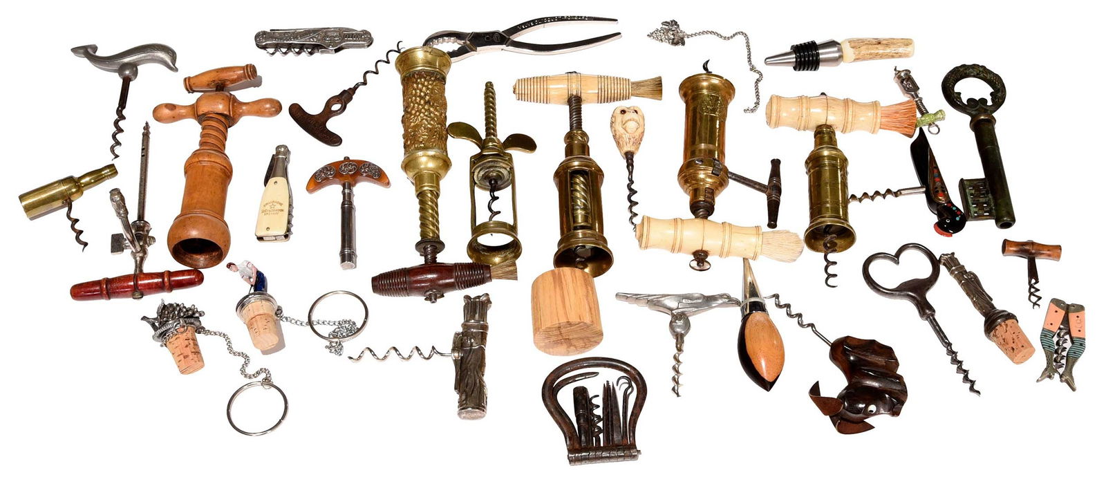 31 Pieces of Vintage and Antique Wine Paraphernalia: comprising: 23 corkscrews of varying size, ages, and forms, some marked and with other attachments such as knives; bottle spigot; five bottle stoppers of varying size, ages, and forms; pair of champag