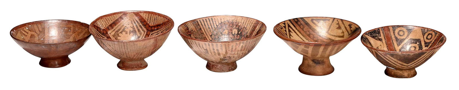 Five Narino or Style Polychrome Resist-Decorated Footed Bowls: Colombia, possibly 600-900 BCE, largest 4-1/2 x 8-1/4 x 8 in. Provenance: Douglas Dawson Gallery, Chicago, Illinois, sold October 28, 1990; Property from an Important Chicago Collection