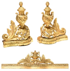 French Gilt Bronze Fireplace Chenets and Fender