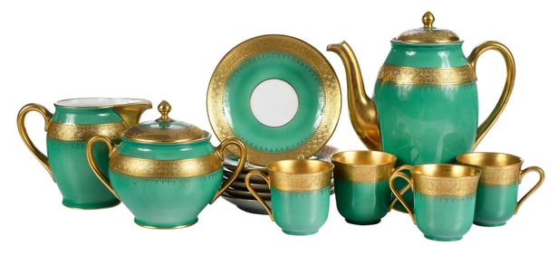 13 Piece Green and Gilt Porcelain Coffee Service