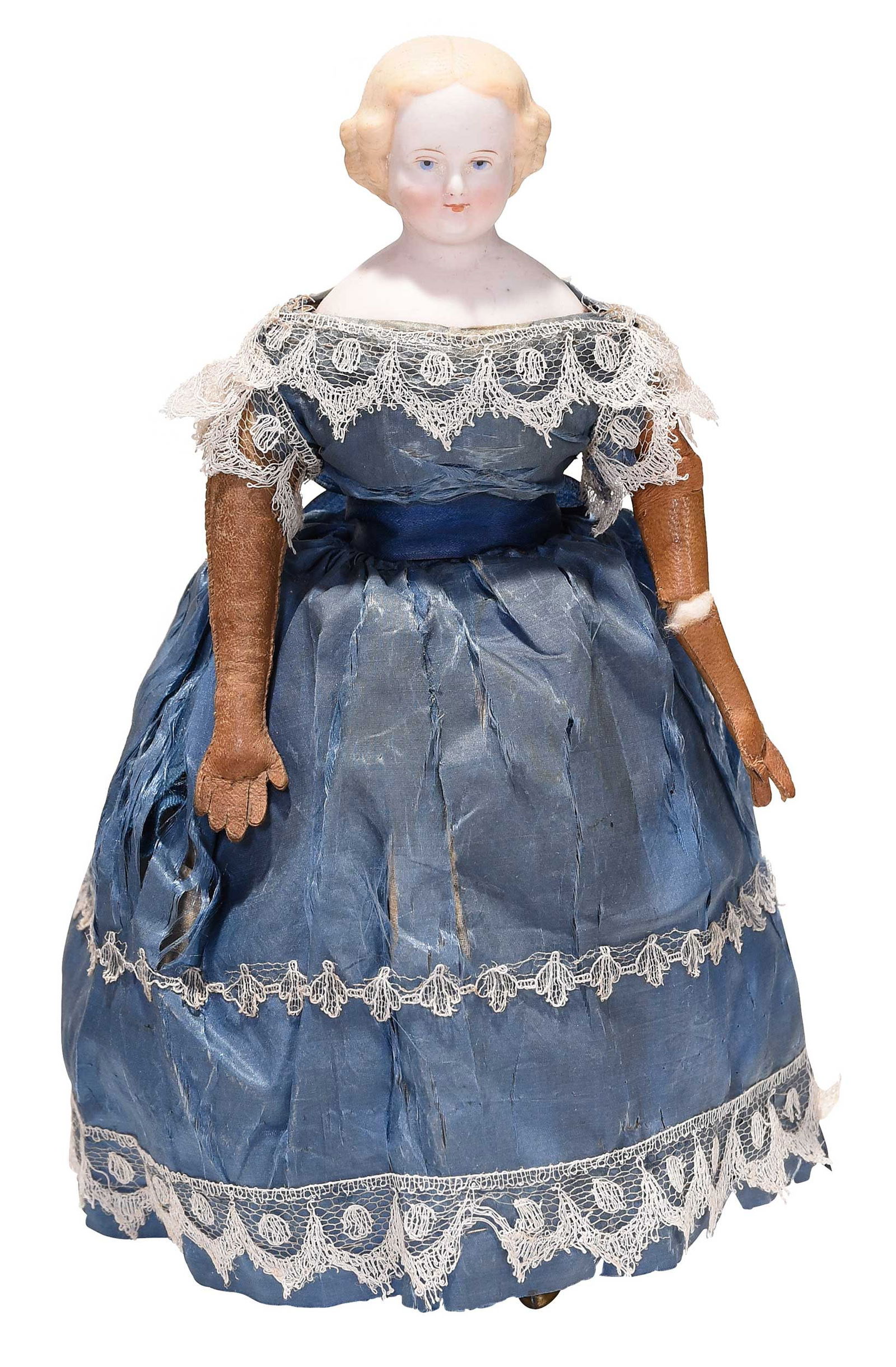 Automaton "Autoperipatetikos Walking Doll" by Martin & Runyan: walking girl with bisque head and torso, underside patent dates of "July 15, 1862 (America); December 20, 1862 (Europe)"; with winding key, a possible replacement; doll height 10 in.; glass dome heigh