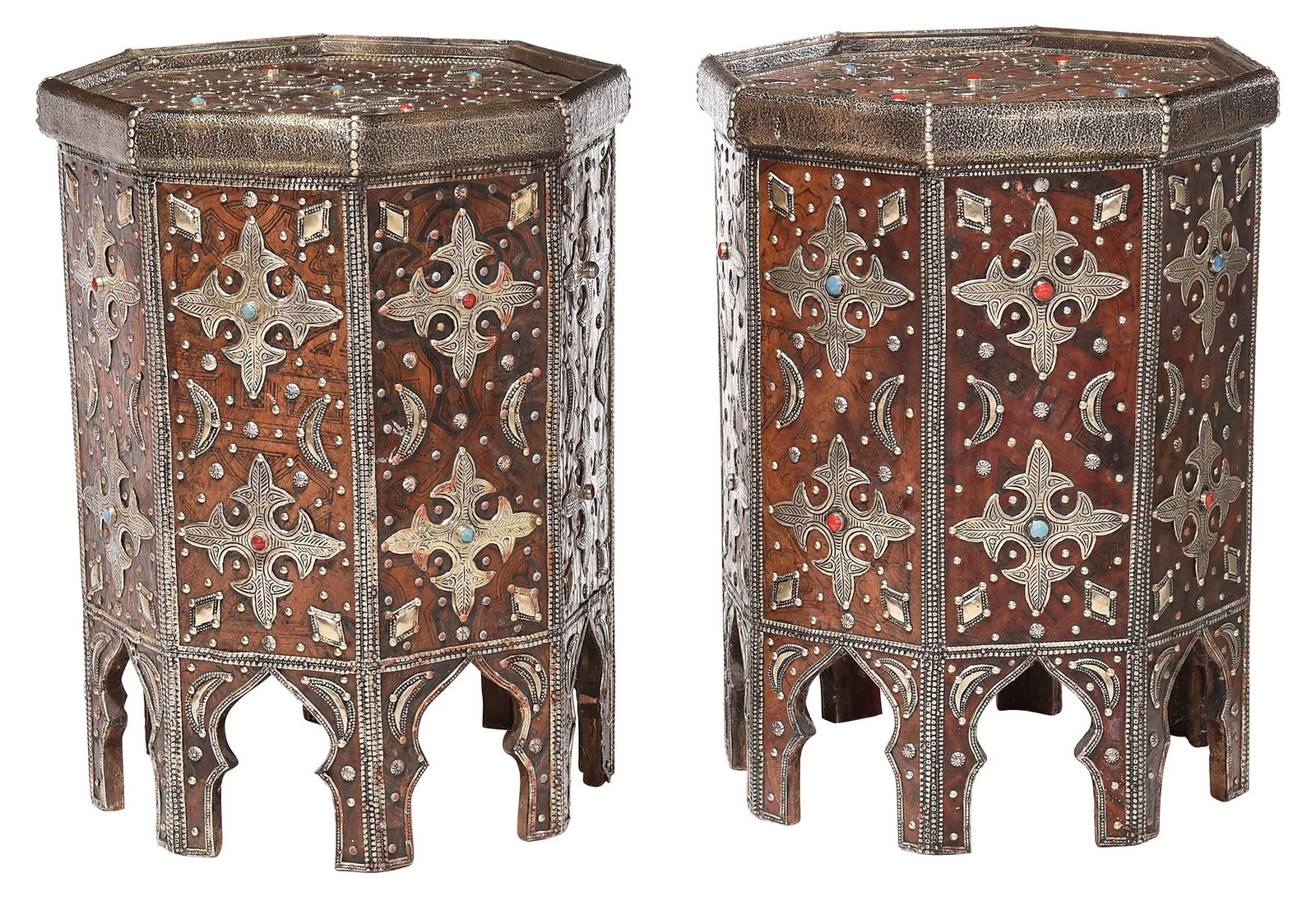 Pair of Moorish Style Metal Mounted Octagonal Tabourets: 20th century, each decorated octagonal form set with metal and leather mounts and colorful cabochons, 20-3/4 x 15 x 15 in.