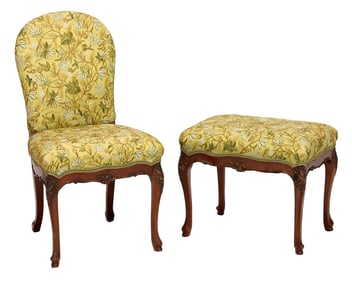 Louis XV Style Walnut Chair and Ottoman with Embroidered Upholstery