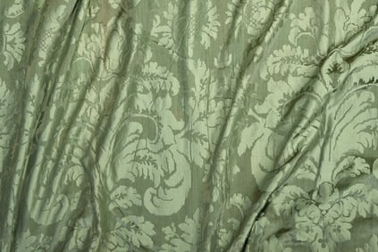 Seven Green Damask Curtain and Valance Panels