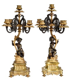 Pair of Empire Bronze Putto Form Five Light Candelabras