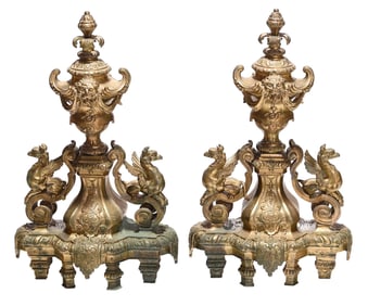 Pair of French Gilt Bronze Chenets with Griffins
