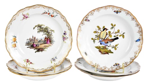 Six Meissen Hand Painted Porcelain Cabinet Plates, Landscapes and Birds