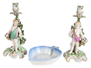 Pair of Continental Porcelain Figural Candlesticks and Leaf Shaped Dish, Samson