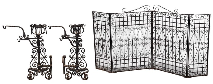 Pair of Wrought Iron Andirons and Fire Screen