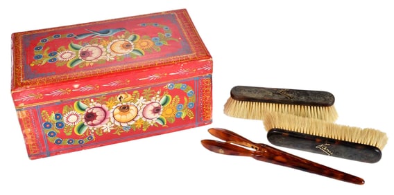 Paint Decorated Box with Brushes and Curler - J.P. Morgan Jr. Family Provenance