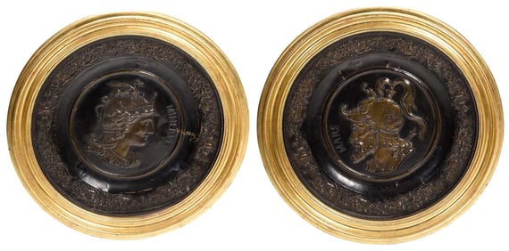 Pair of Framed Brass Repousse Mythological Portrait Plaques