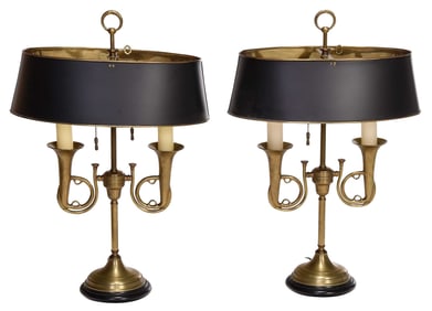 Pair of Two Light Brass Horn Form Bouillotte Lamps