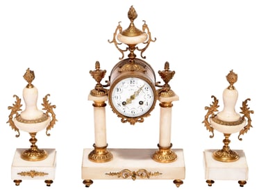 French Marble and Gilt Bronze Portico Clock with Matching Garnitures