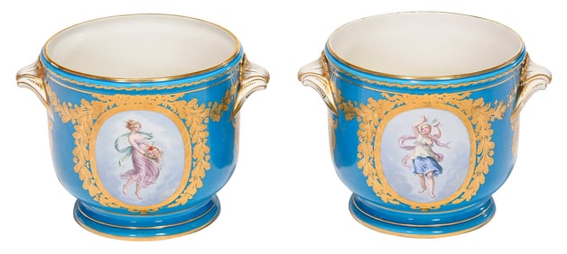 Pair Sevres Style Porcelain Bottle Coolers