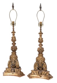 Pair of Continental Polychrome and Gilt Wood Candlesticks Converted to Lamps