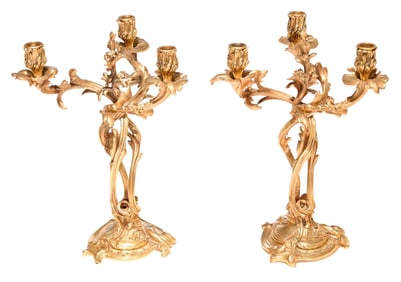 Pair of Louis XV Style Three Light Gilt Metal Candelabra