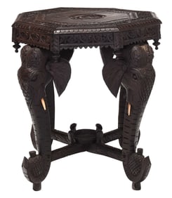 Elephant Figural Carved Hardwood and Bone Inset Side Table