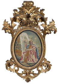 Continental Needlework and Watercolor in Florentine Rococo Style Giltwood Frame