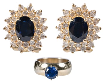 14kt. Synthetic Blue Spinel Ring and Blue Sapphire Diamond Halo Earrings