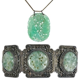 Carved Jadeite Pendant and Jadeite and Silver Bracelet