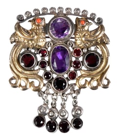 Rare Matilde Poulat Amethyst, Garnet, and Coral Sterling Brooch