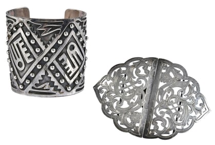 Bernice Goodspeed Sterling Cuff Bracelet and English Silver Belt Buckle