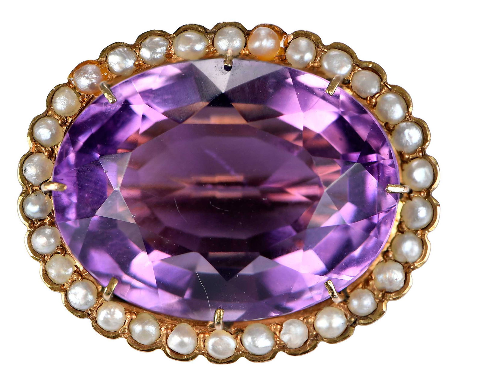 Antique Amethyst and Seed Pearl Brooch: circa 1900, one centered oval faceted amethyst, approx. 20.5 x 15.5mm, surrounded by 33 seed pearls measuring approx. 2.0mm, unmarked, tests not gold, 7.0 g Provenance: Property from an Important Chic