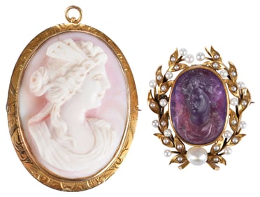 Two Gold Carved Cameo Brooch/Pendants