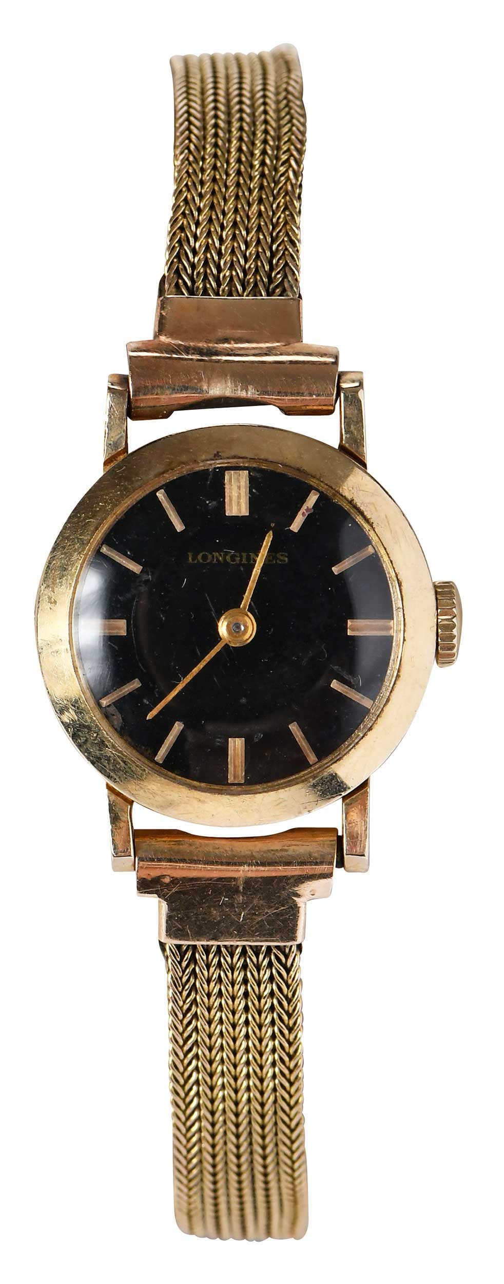 14kt. Vintage Longines Black Dial Watch: 20mm, black dial, gold tone numerical markers, back case marked "14K", yellow gold, mesh bracelet, buckle clasp, unmarked, tests 14kt. yellow gold, 7-1/4 in. length, 17.0 g Provenance: Private Collect