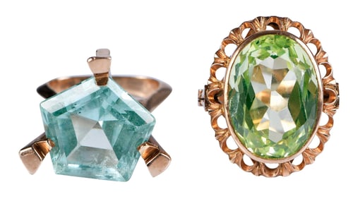 Two 14kt. Vintage Uranium Vaseline Green Spinel Rings