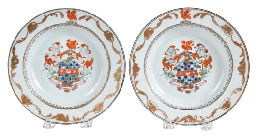 Pair of Chinese Export Armorial Porcelain Soup Dishes, Clifford