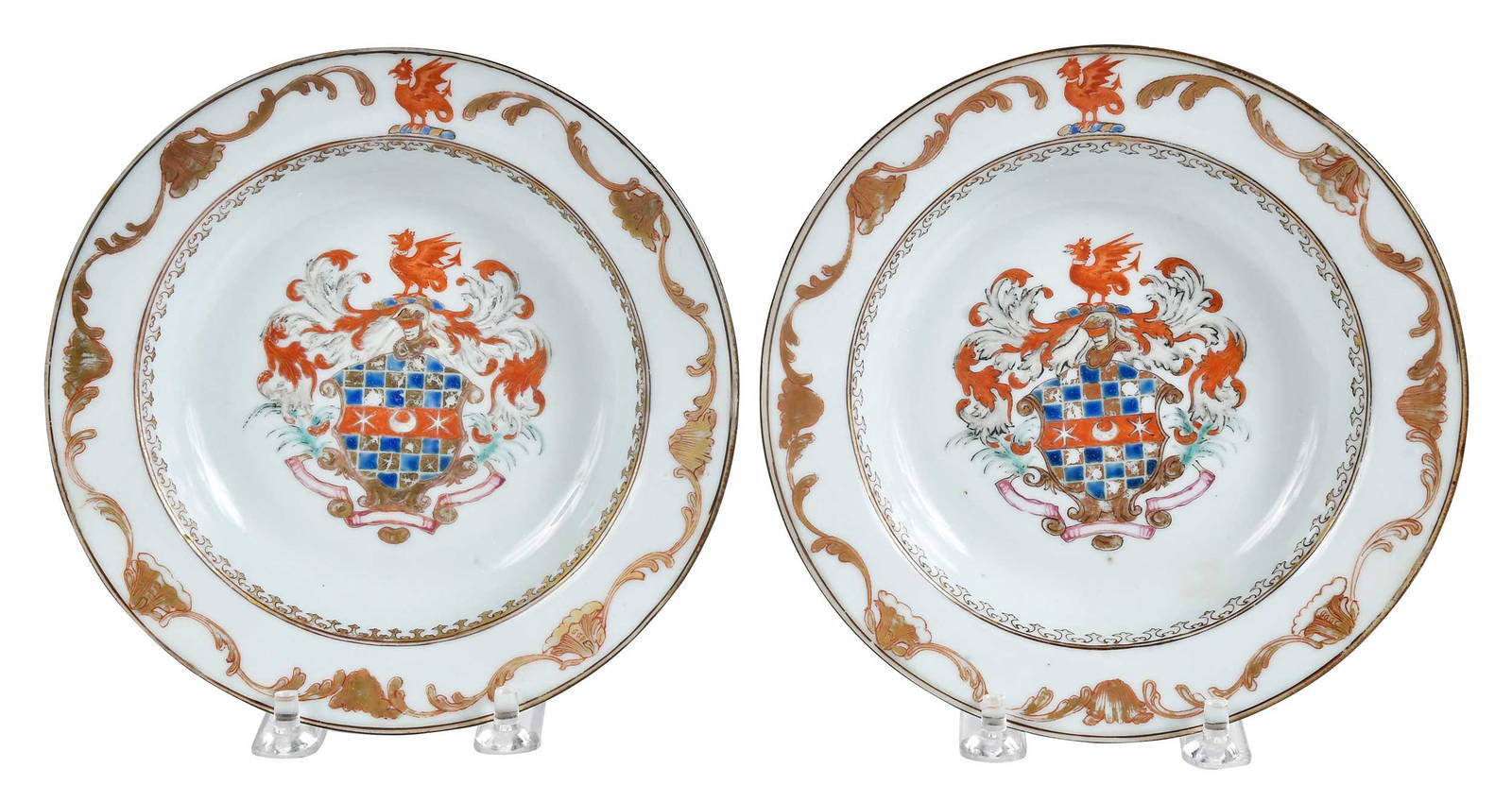 Pair of Chinese Export Armorial Porcelain Soup Dishes, Clifford