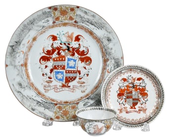 Chinese Export Armorial Porcelain Plate, Tea Bowl, and Saucer, Lee and Astley
