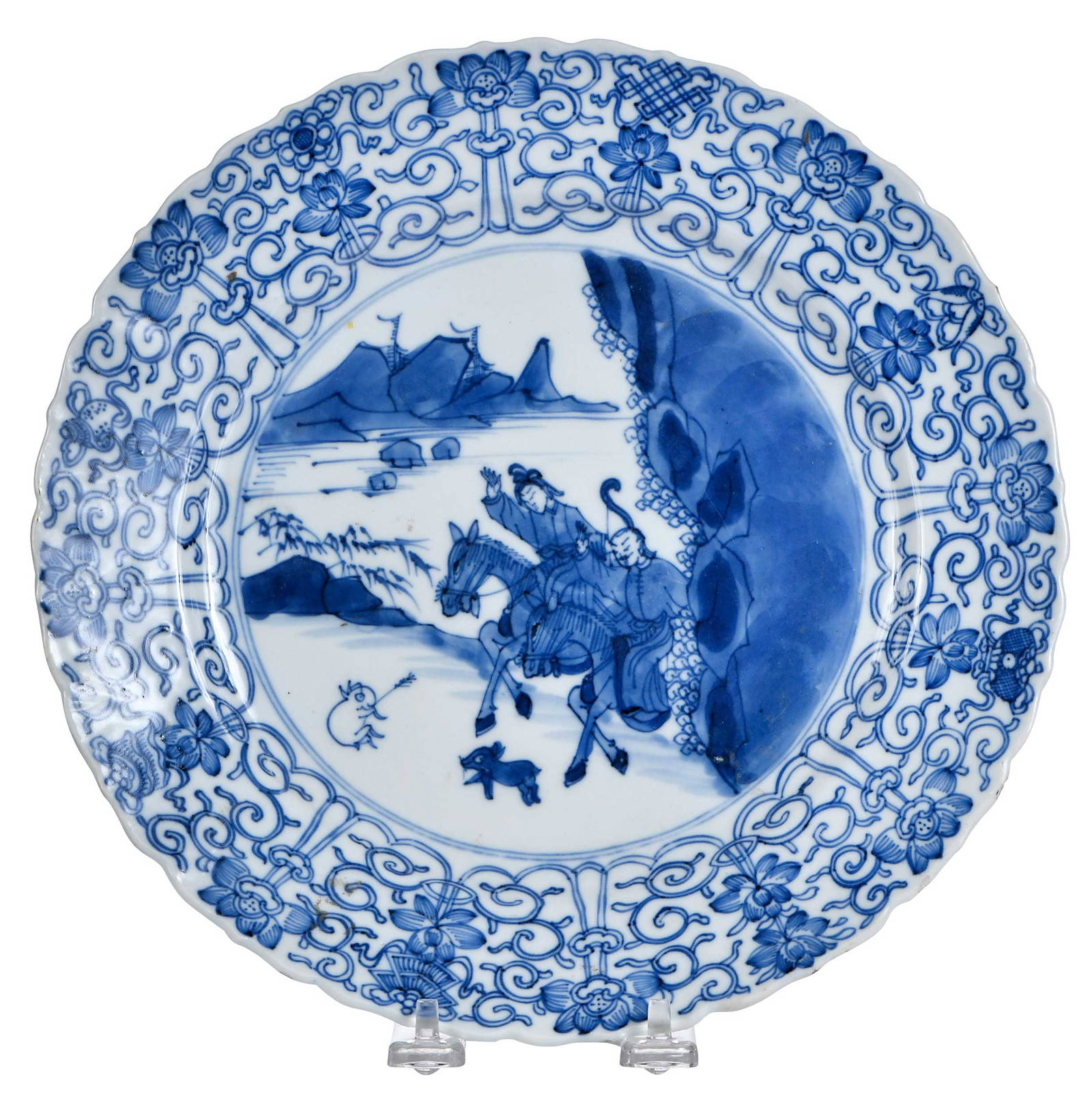 Chinese Export Blue and White Rabbit Hunters Porcelain Plate