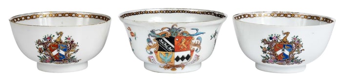 Three Chinese Export Armorial Porcelain Tea Bowls, One Pair