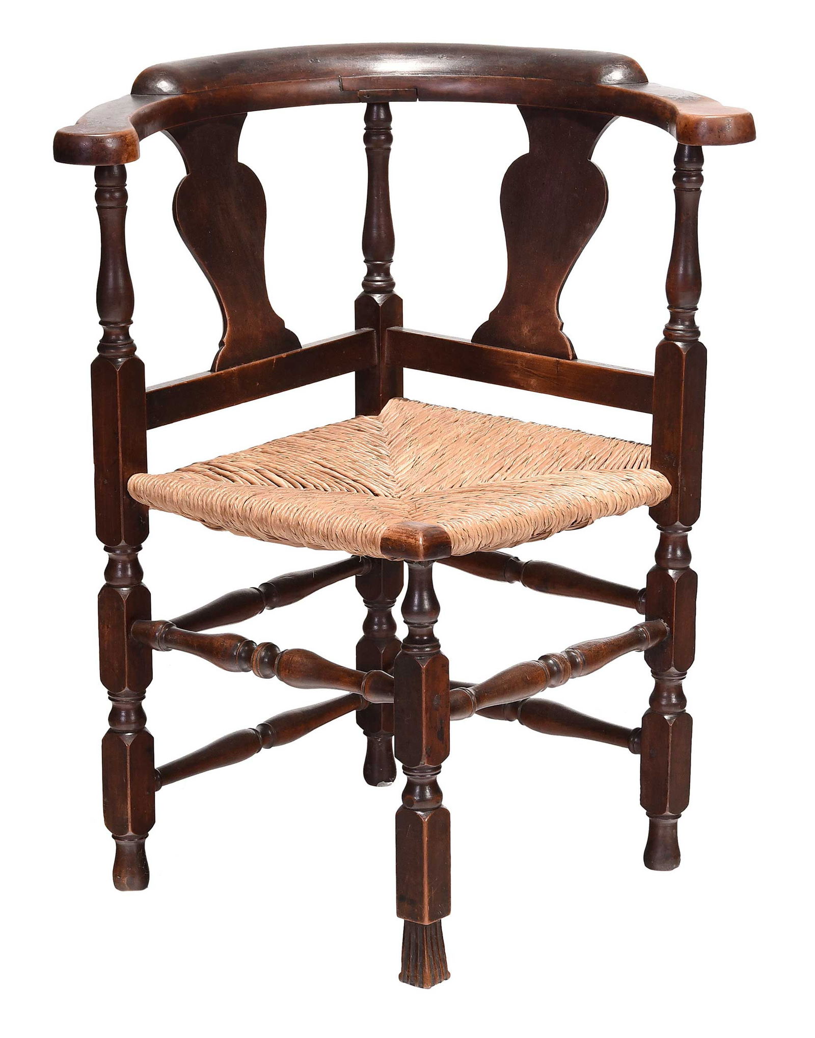 Fine New England William and Mary Corner Chair: probably Massachusetts, 18th century, in fine old mellow brown surface, maple and birch(?) with rush seat and Spanish front foot, 31-1/2 x 26-1/2 x 24-1/2 in. Provenance: Private Texas Collection