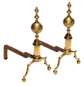 Rare Pair of Signed New York Federal Brass and Iron Andirons