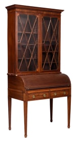 Fine MESDA Documented Charleston South Carolina Attributed Inlaid Mahogany Tambour Desk and Bookcase