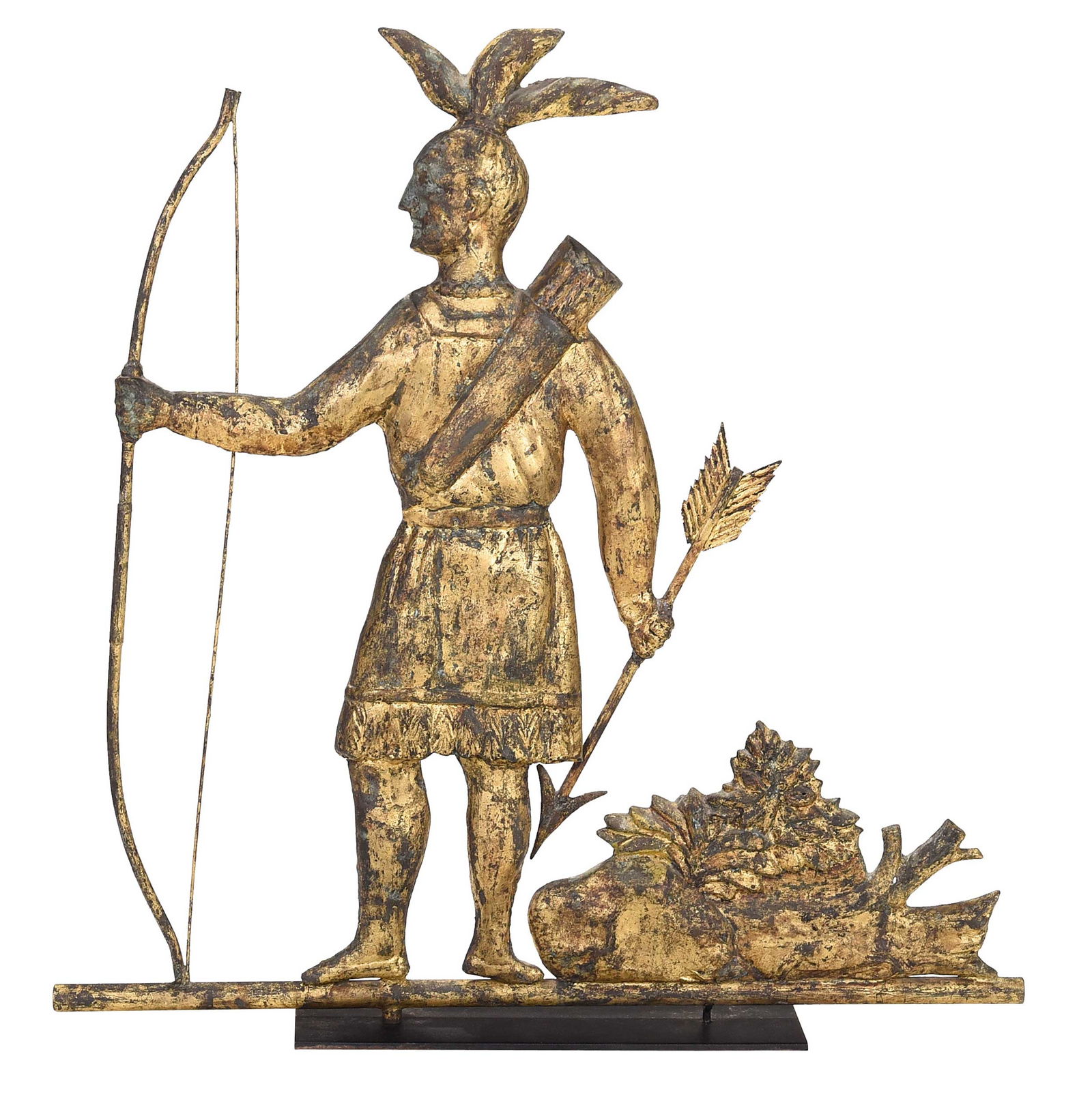 Fine Molded and Gilt Copper Massasoit Weathervane: attributed to J. Harris & Co., Boston, probably third quarter 19th century, full length three dimensional form in molded copper depicting Native American Massasoit in traditional garb, holding an arro