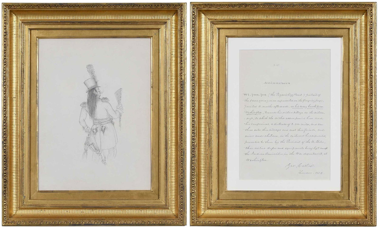 George Catlin: (American, 1796-1872) Wi-jun-jon (The Pigeons Egghead), on His Way Back From Washington 1852, pencil on paper, apparently page 215 in a sketchbook, 14 x 10-1./2 in.; accompanied by the corresponding p