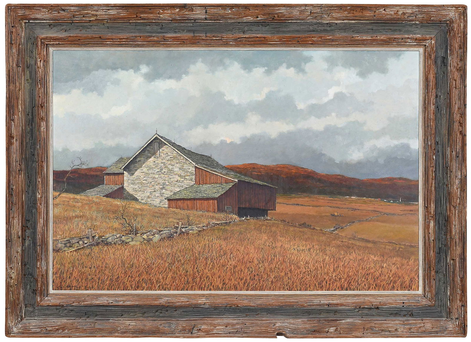 Eric Sloane: (American, 1905-1985) Autumn Colors, signed lower left "Eric Sloane NA", titled on original gallery label verso, oil on Masonite, 24 x 36 in.; fine rough wood frame, 32 x 44 in. Provenance: Grand Cent