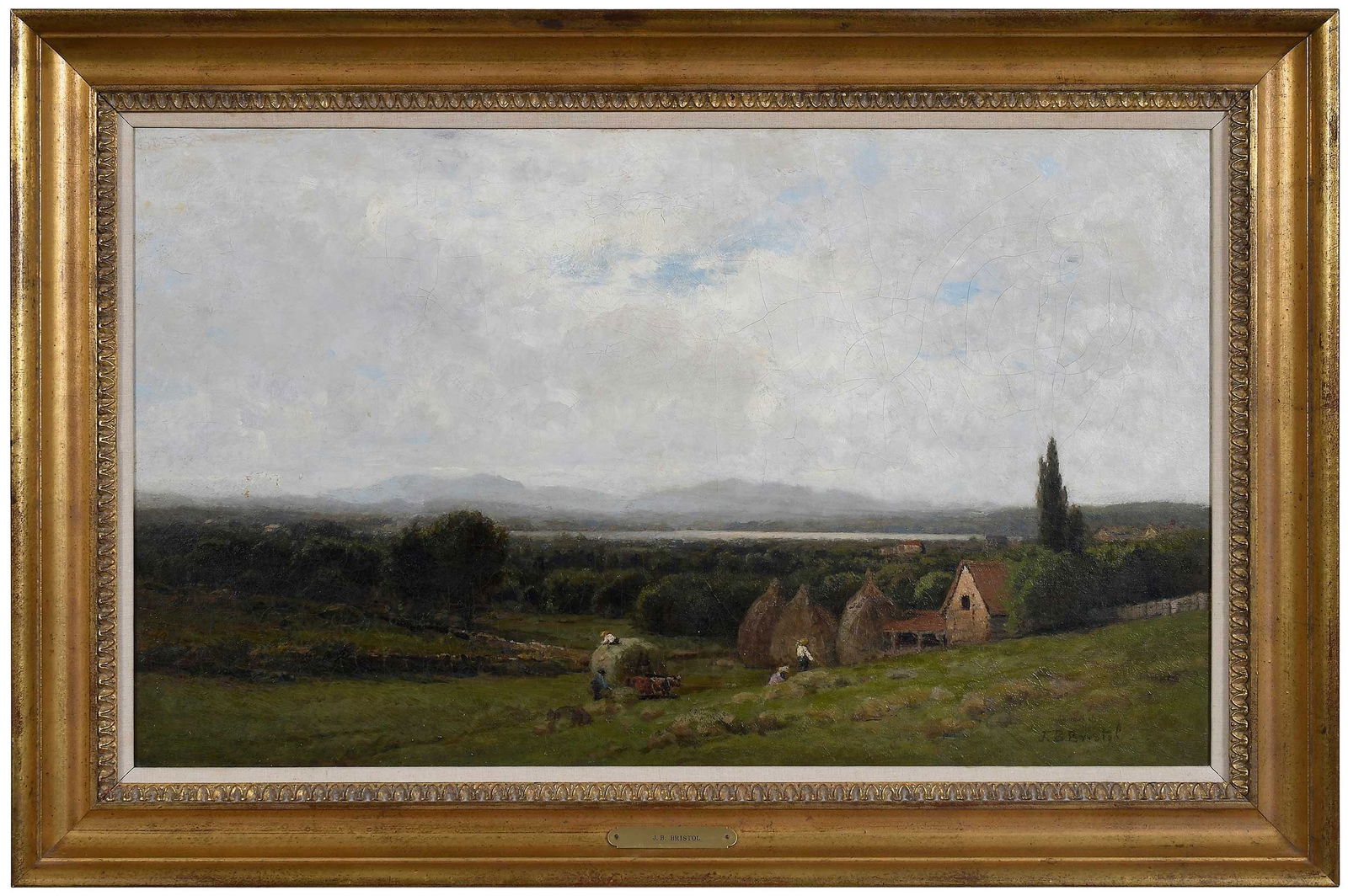 John Bunyan Bristol: (American, 1826-1909) Farm Scene, Hay Harvest, signed lower right "J. B. Bristol", also inscribed with title stretcher verso, oil on canvas, 18 x 30 in.; reproduction carved gilt wood frame, 23-1/2 x