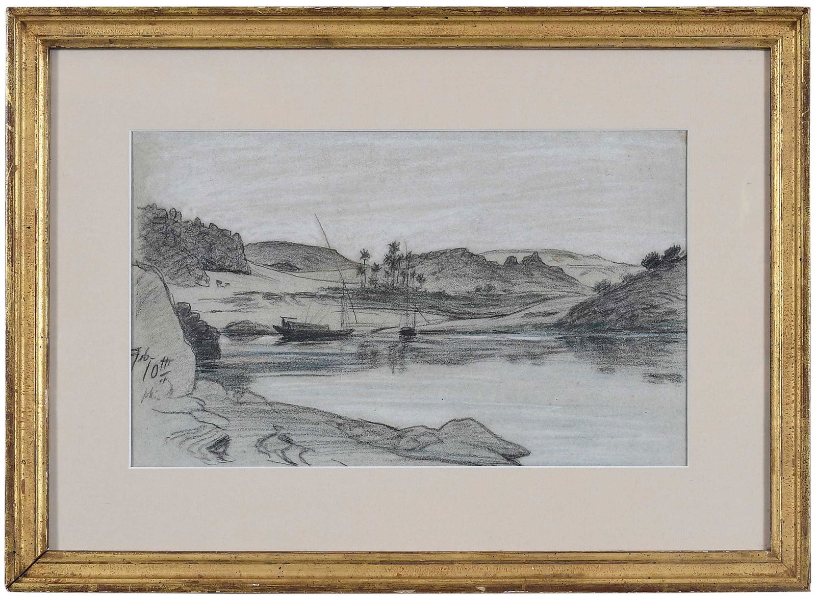 Elihu Vedder: (American, 1836-1923) Boats on the Nile, unsigned, dated lower left "Feb 10th phi.", colored pencil and chalk on grey paper, 8 x 12-7/8 in.; gilt wood frame, 13 x 18 x 1 in. Provenance: The Estate of