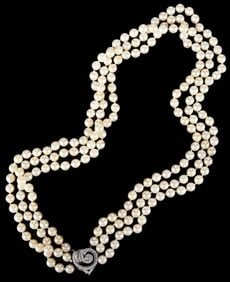 14kt. Three Strand Cultured Pearl Necklace with Diamond Clasp